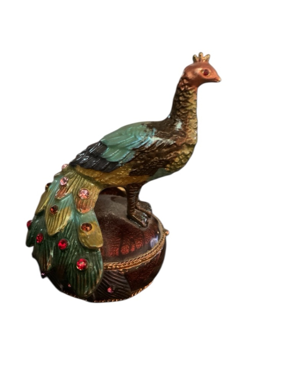 Sitting Peacock Jeweled Trinket Box 3” Multicolored Magnetic Close